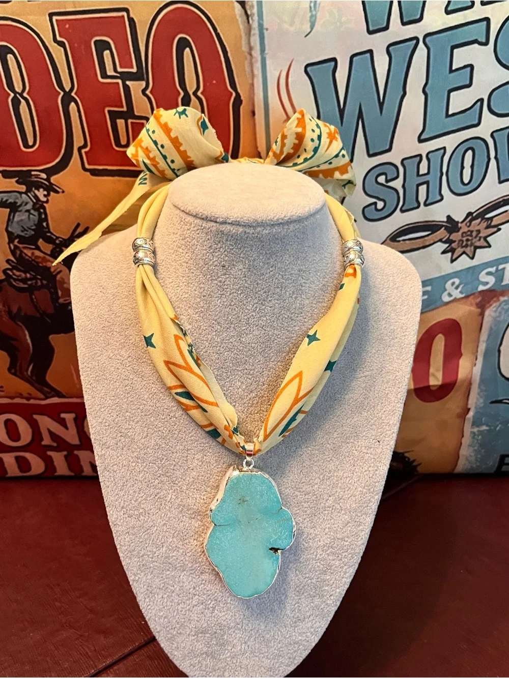 Handmade Turquoise Pendant Prairie Style Bandana, Wild Rag Length, Nostalgic